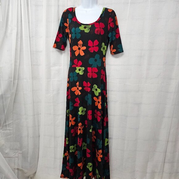 LuLaRoe Black Multi-Color Floral Maxi Dress Tee Boho Retro Grunge M - Picture 10 of 10